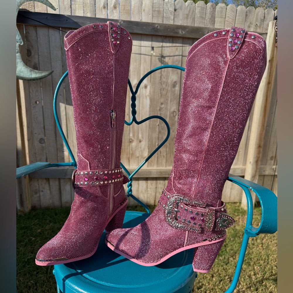 Dolls Kill Sugar Thrillz Knee High Pink Rhinestone Cowboy Boots Size 10W NWOT